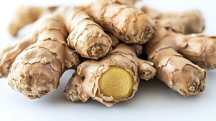 Studio shot of raw ginger root with natural contours, captured with 50mm lens, emphasizing rough skin texture and soft shadow details on clean white background