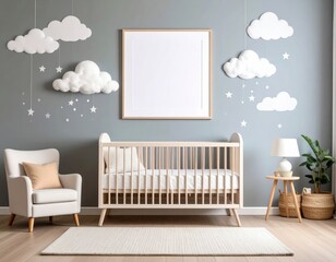 Serene Nursery Interior with Cloud Decor and Empty Frame Mockup.