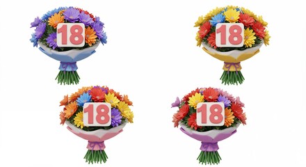 Colorful flower bouquets with number eighteen