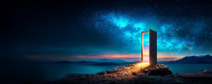Adaptation, opportunities, connection between ideas, Gateway to Infinite Potential: Minimalist Door Opens to Starry Sky