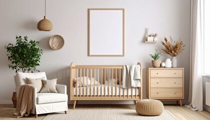 Serene Nursery Interior with Natural Wood Crib and Cozy Armchair.