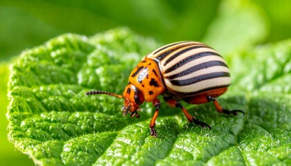 Fototapeta premium Close-up of striped beetle on leaf
