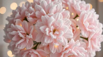 Fototapeta premium Close up of soft pink flowers with white edges and a blurred background with bokeh lights.