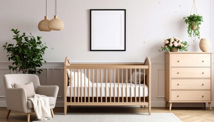 Serene Nursery Interior with Wooden Crib Armchair and Floral Accents.