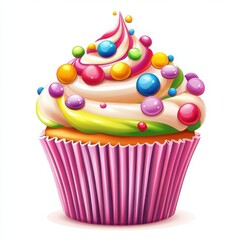 A colorful cupcake cake with cartoon candy decorations and frosting swirls on top