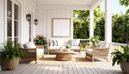 Serene Porch Retreat Wicker Furniture Lush Greenery and Natural Light.