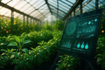 AI generated smart greenhouse with lush green plants and glowing digital display showing realtime environmental data for precision farming sustainability and intelligent crop monitoring