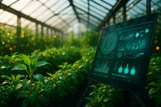 AI generated smart greenhouse with lush green plants and glowing digital display showing realtime environmental data for precision farming sustainability and intelligent crop monitoring - Powered by Adobe