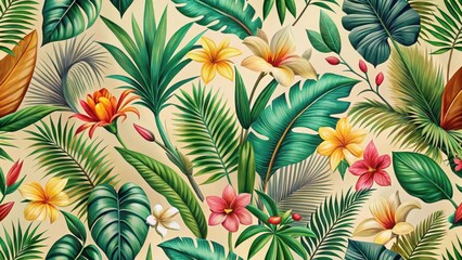 Exotic jungle seamless background featuring vibrant green palm leaves and colorful tropical flowers