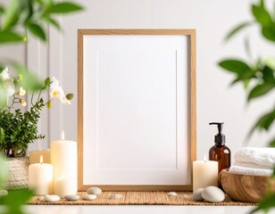Serene Spa Mockup Wooden Frame Candles and Natural Elements for Relaxation.
