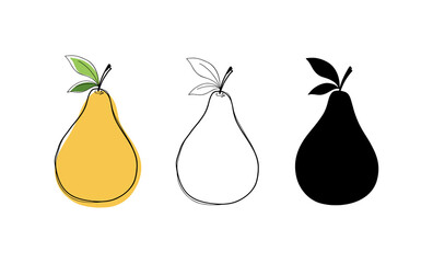A colored pear with a leaf. Vector illustration with a line, contour, silhouette, hand-drawn, flat design. A set of different versions of modern fruit graphic elements, icons for decoration, design