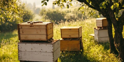 A lush countryside where beekeepers carefully extract honey from wooden beehives