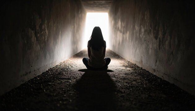 Woman meditating in dark tunnel