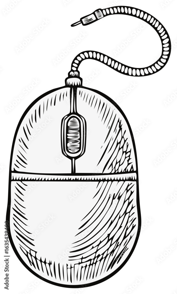 Poster retro computer mouse with coiled cable and connector a classic input device illustration