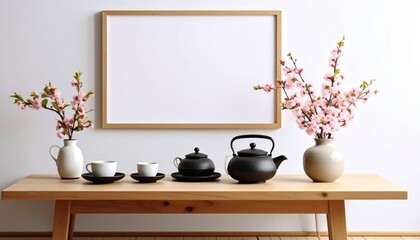 Serene Tea Ceremony Still Life with Cherry Blossoms and Empty Frame.