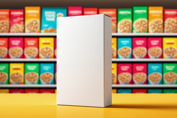 Blank white cereal box mockup on yellow counter with colorful breakfast cereal packages in background