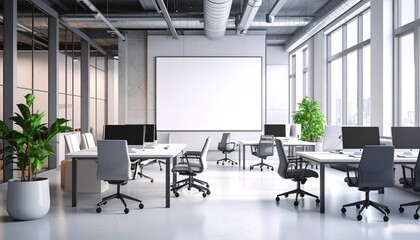 Spacious and well-organized office area with white walls and a large white board on the wall for mockup