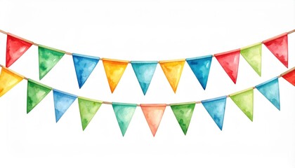 Obraz premium Vibrant watercolor bunting flags in red, blue, green, and yellow on a white background, perfect for festive events.