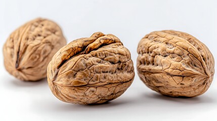 Studio photo of cracked walnut shells and golden nuts, shot with 50mm lens, sharp focus on shell fissures and nut textures against white background