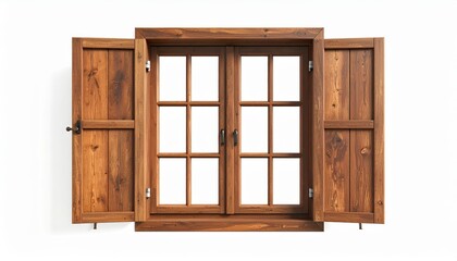 Obraz premium High-resolution image of a rustic wooden window with open shutters, perfect for architectural and design use.