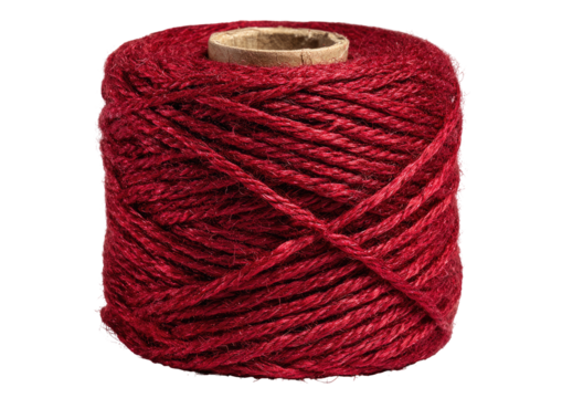 A close-up of a spool of deep maroon twine.  The twine is tightly wound around a light brown cardboard spool