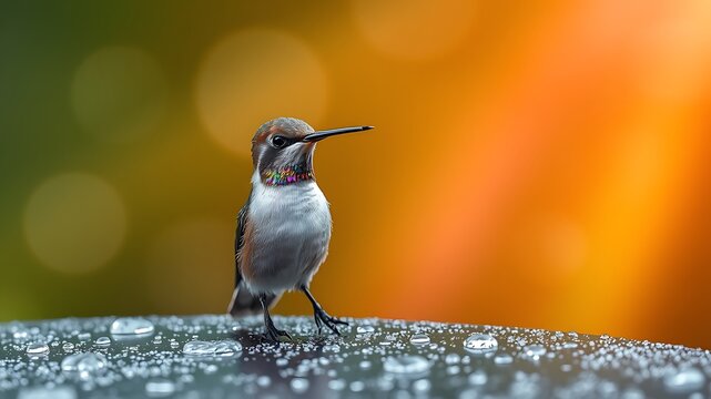 Stunning portrait of a hummingbird resting on a surface with water droplets after rain - Powered by Adobe