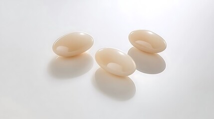 Studio image of three smooth pebbles aligned horizontally on white surface, taken with 50mm lens, showcasing soft texture and balanced neutral color tones under gentle lighting