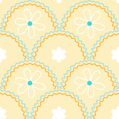 Hand-Drawn Daisy Scallop Seamless Pattern in Pastel Yellow, Blue and Orange
