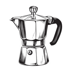 Black and white illustration of a moka pot coffee maker stovetop espresso maker Italian coffee maker 
