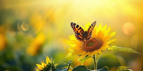 A lush meadow where a butterfly flutters through the air, settling on a bright yellow sunflower