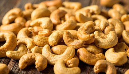 Fototapeta premium A detailed image of roasted cashew nuts scattered on a wooden table, ideal for food and health-related projects.
