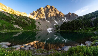 Majestic mountain peaks reflected in a tranquil lake surrounded by lush greenery and a clear blue sky.