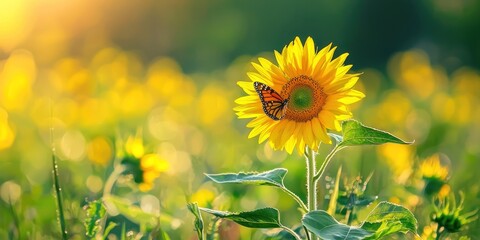 A lush meadow where a butterfly flutters through the air, settling on a bright yellow sunflower