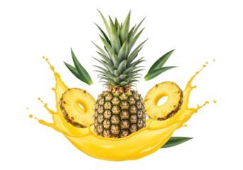 Fresh pineapple with yellow splash isolated on transparent background
