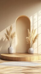 Beige archway interior display with pampas grass and wooden podium.