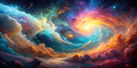 Colorful swirling clouds of gas and dust in a distant nebula