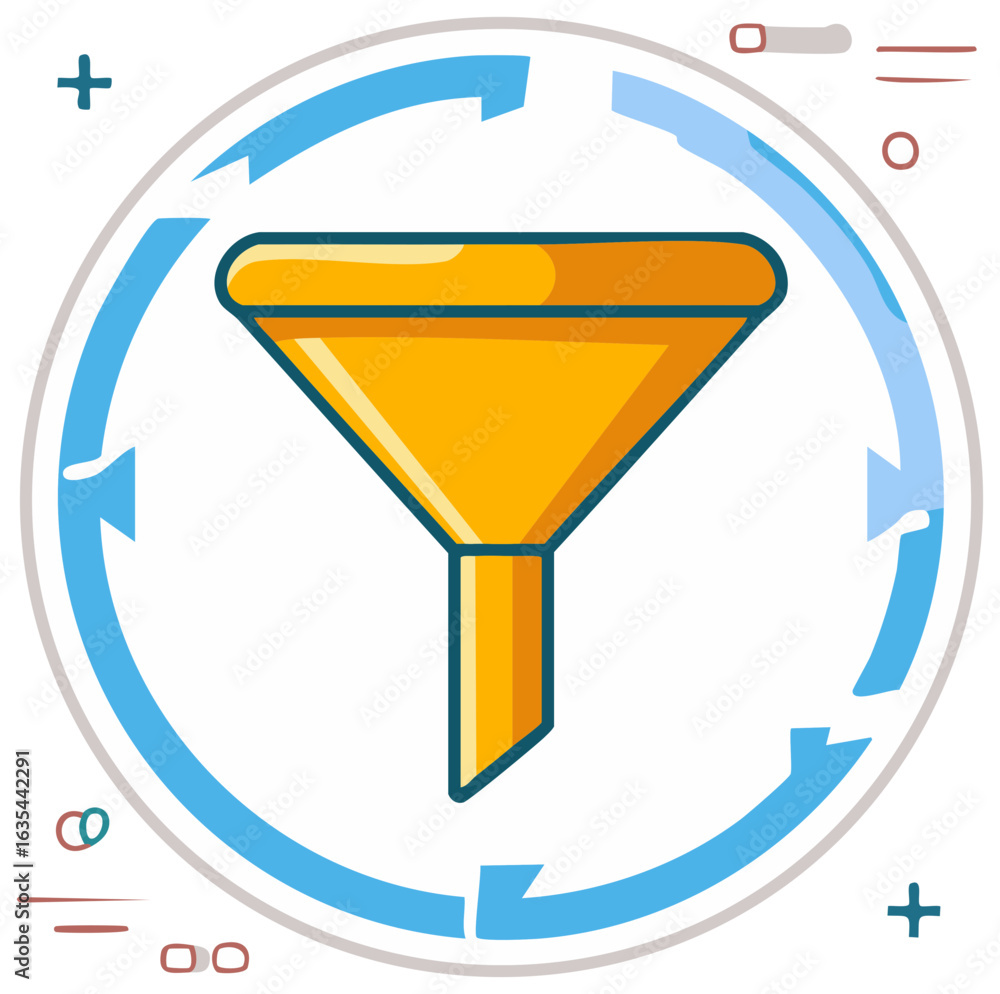 Poster marketing funnel concept illustration for data filtering, sales conversion, and process workflow.