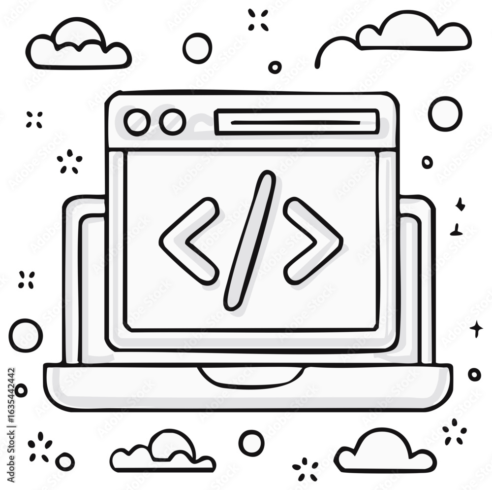 Poster drawn laptop with code symbols and cloud elements in a doodle style.