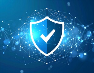Cybersecurity and data protection concept. A blue shield with a checkmark symbol floating over a futuristic digital network background.