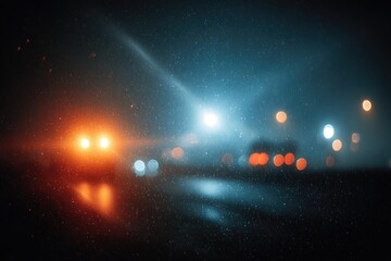 Blurry night scene, snow, car lights