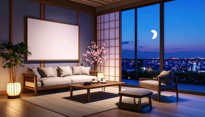 Tranquil Japanese Interior with City View and Crescent Moon at Night.