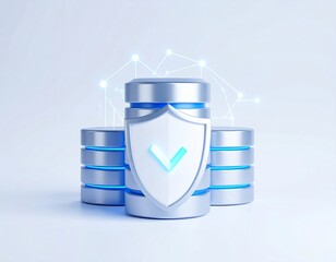Concept of secure data storage and cybersecurity. 3D rendering of database servers protected by a shield with a checkmark.