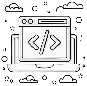 Drawn laptop with code symbols and cloud elements in a doodle style.