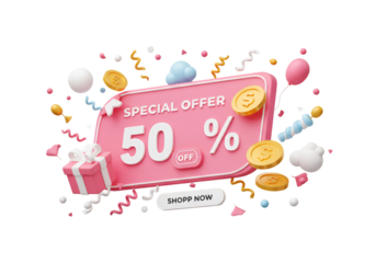 Festive 3D Isolated Pink Discount Offer Illustration with Gift and Balloons