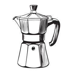 Black and white illustration of a moka pot coffee maker stovetop espresso maker Italian coffee maker 
