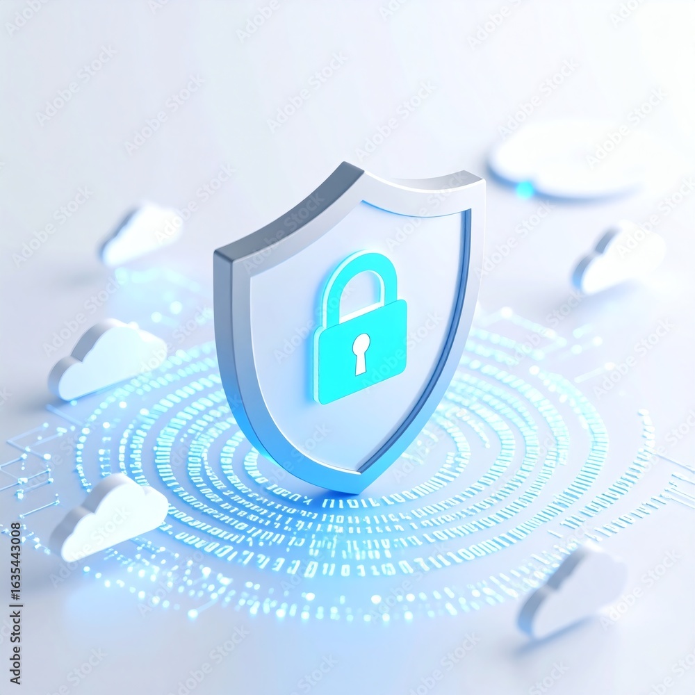 Aufkleber cybersecurity protection: a digital shield safeguards cloud data with a secure lock.
