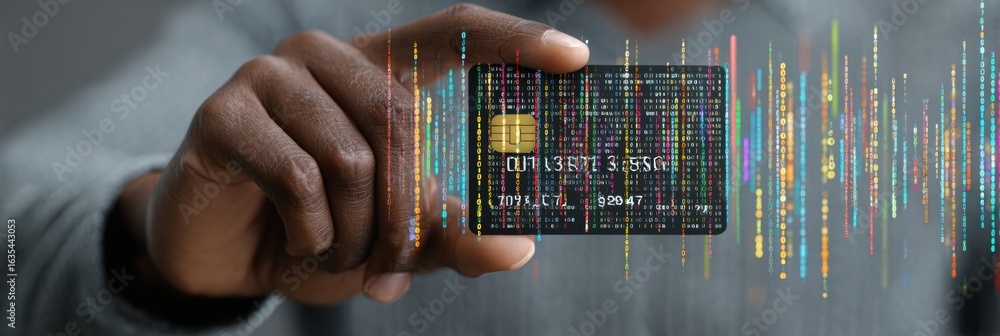 Poster hand holding a credit card with digital code floating around in a modern abstract design