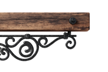 Ornate wooden beam with wrought iron bracket.  Dark, aged wood plank sits atop decorative, curled black iron brackets