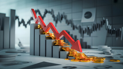 Financial Market Crash Falling Gold Coins and Red Trend Graph