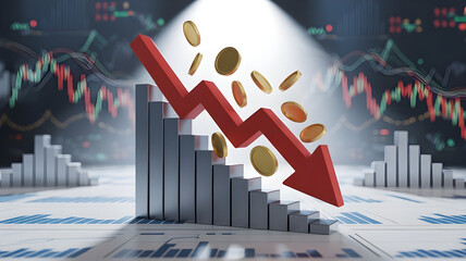 Financial Market Decline Depicted by Falling Coins and Charts